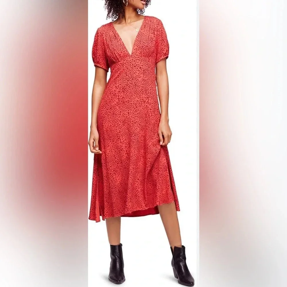 Free People Looking for Love Midi Dress Orange Red Buttons V Neck Size Small